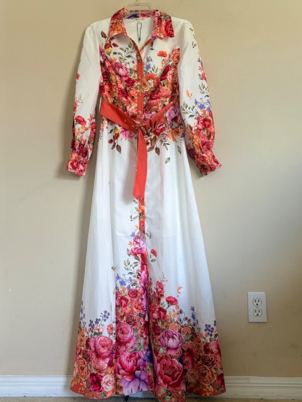 Avara Mainstrip Floral Belted Maxi Shirt Dress White Pink Orange Medium NWT
